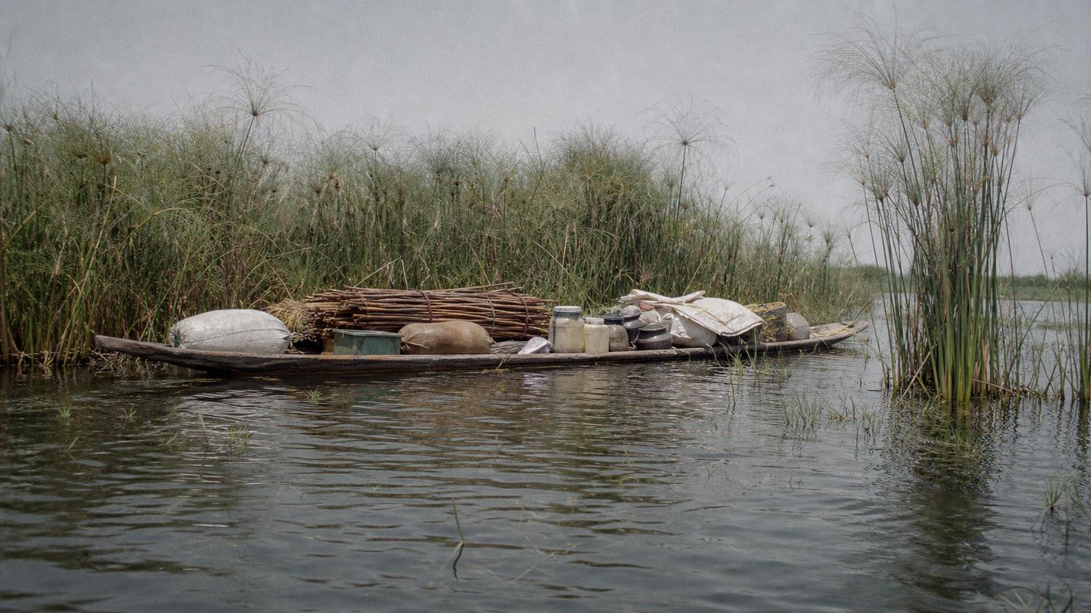 Pirogue chargée avançant sur l'eau basse du lac Tchad entre les papyrus
